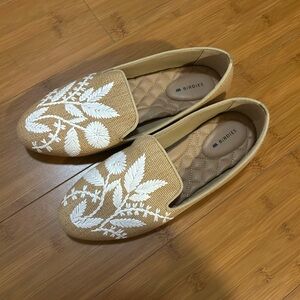 Birdies Tan Loafers with White Floral Embroidery